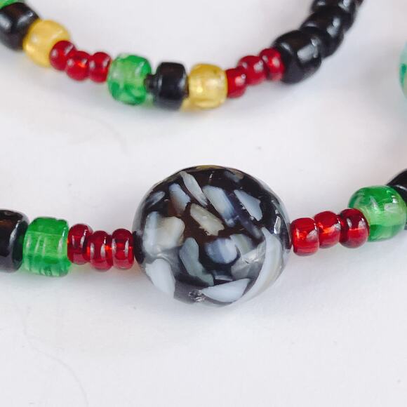 VTG 90s Mosaic Glass Beaded Necklace Red Yellow Green Afrocentric Boho Style - Picture 8 of 11